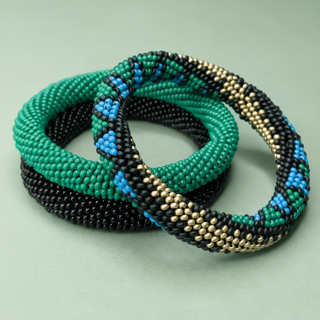Three beaded bracelets in green, black, and gold on a light green background - Beadzy