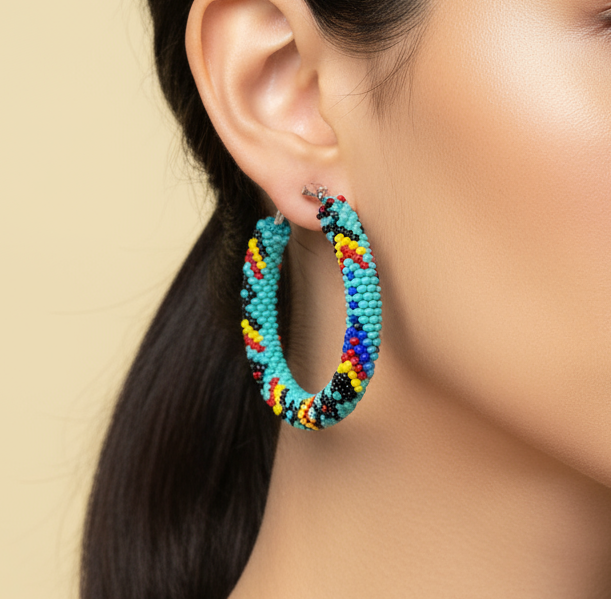 Colorful beaded hoop earrings worn by a person with a neutral background - Beadzy