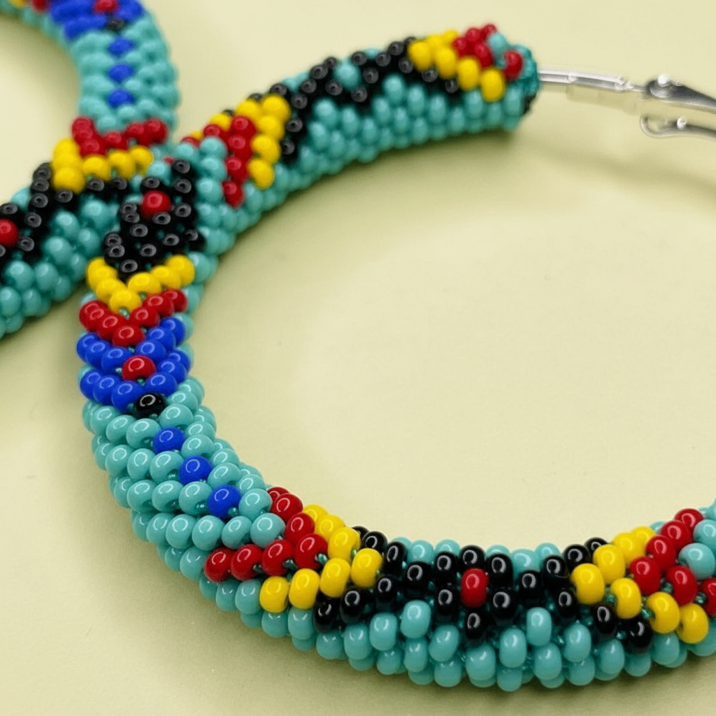 Colorful beaded hoop earrings close up on a beige background - Beadzy