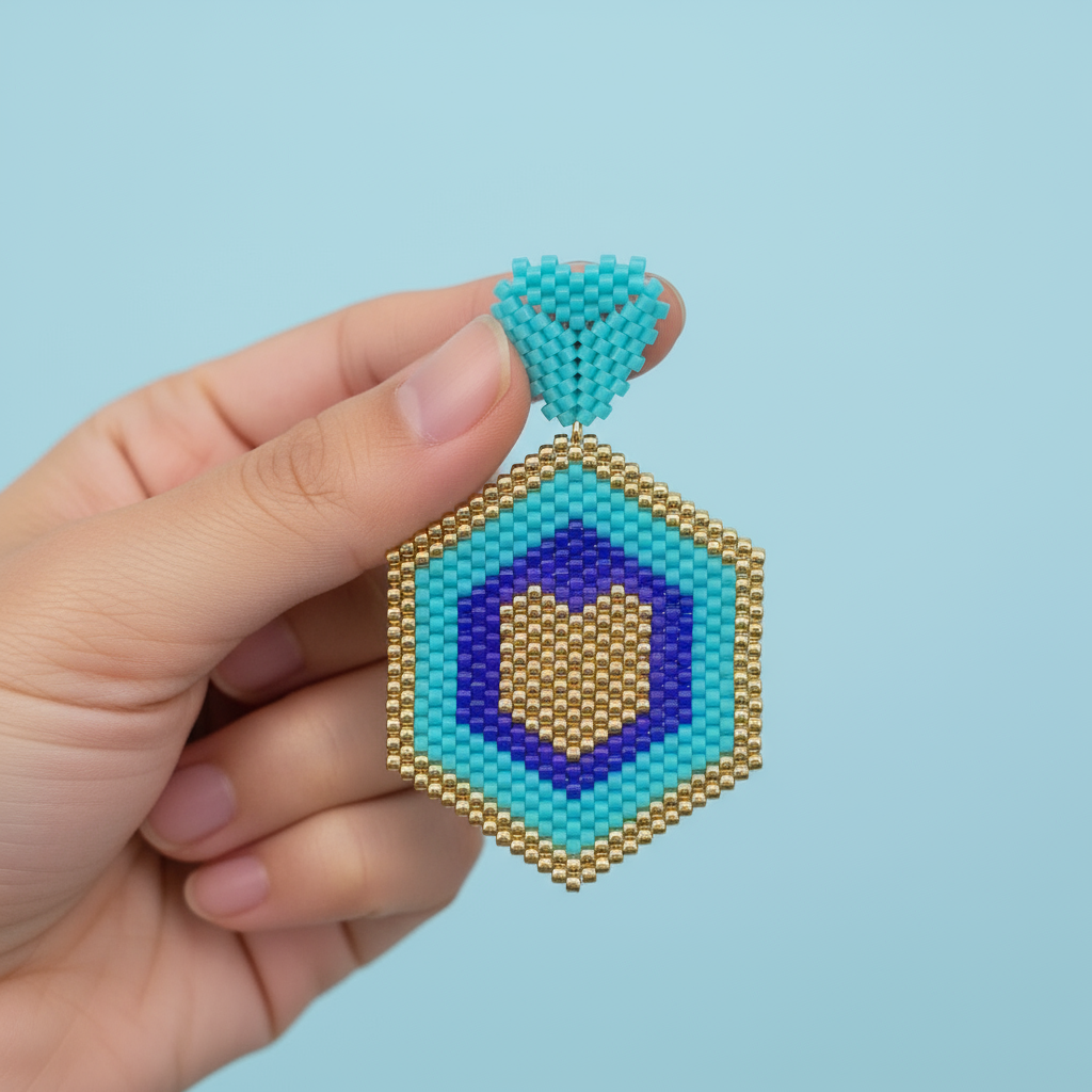 Hand holding a beaded hexagon-shaped earrings with blue, purple, and gold colors against a light blue background. - Beadzy