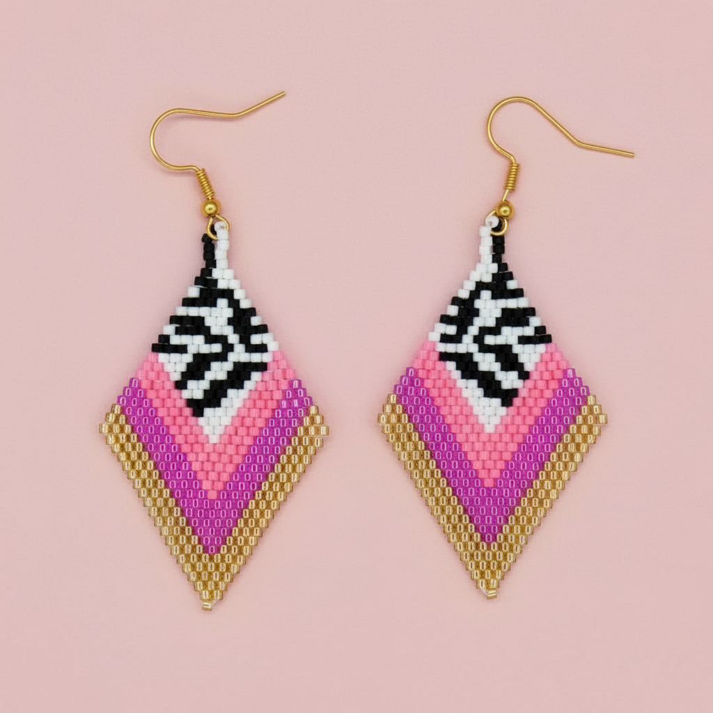 Pair of beaded earrings with geometric design on a pink background - Beadzy