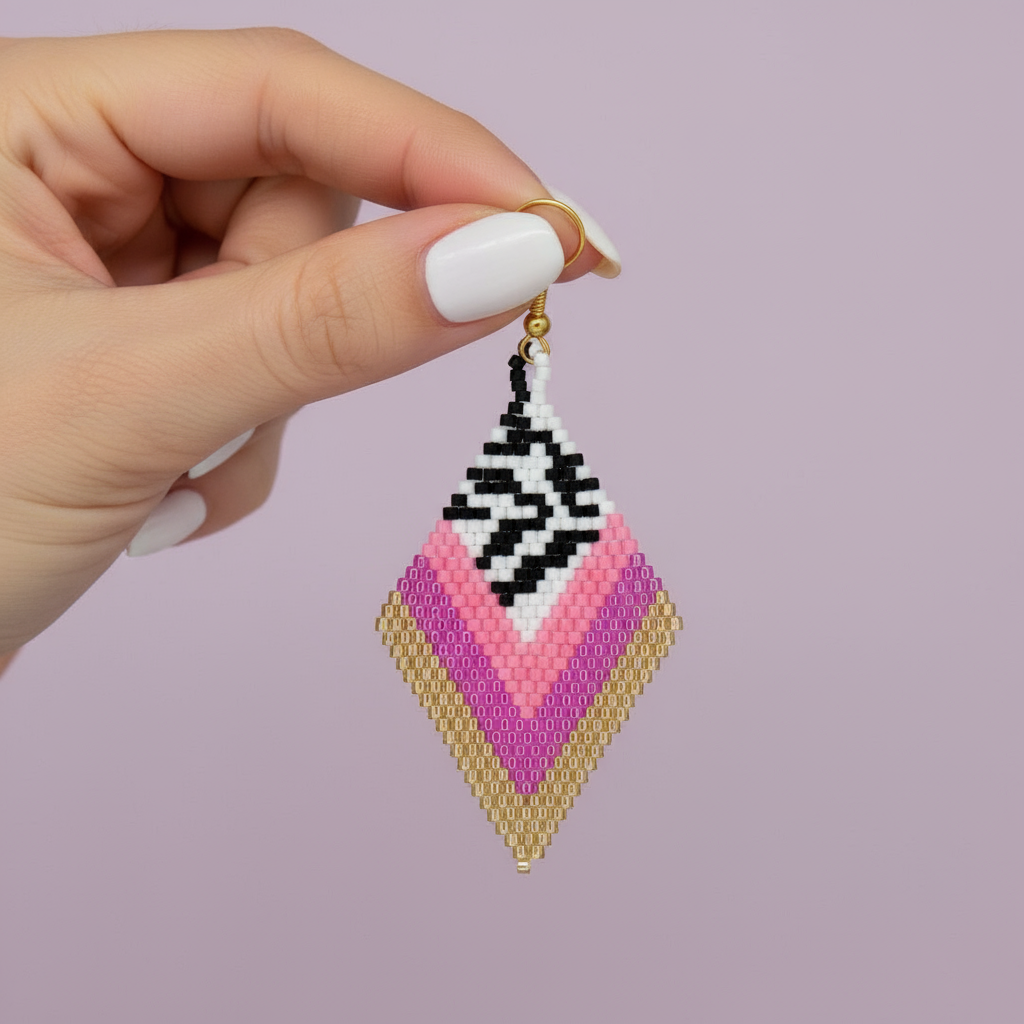 Hand holding a geometric beaded earring against a light purple background - Beadzy