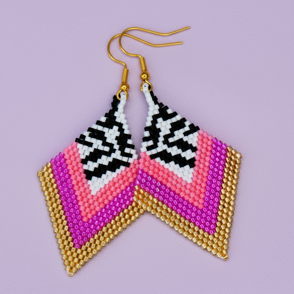 Beaded earrings with geometric pattern on a purple background - Beadzy