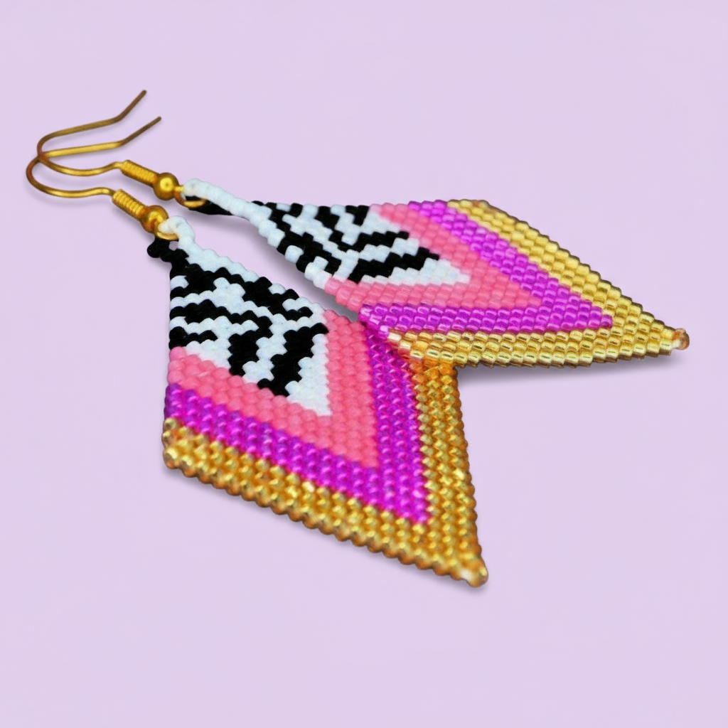 Triangular beaded earrings with geometric pattern on a light purple background - Beadzy