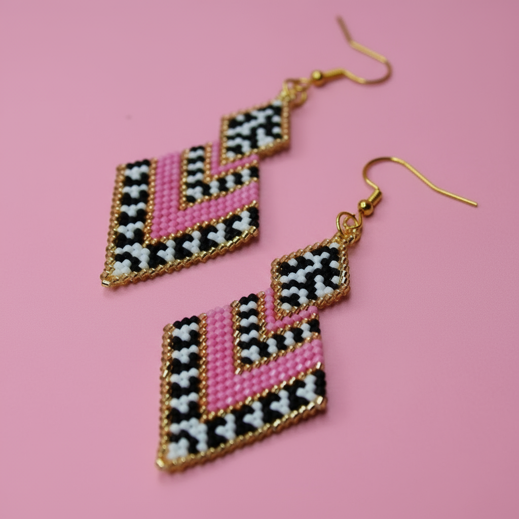 Geometric patterned pink and gold earrings on a pink background - Beadzy