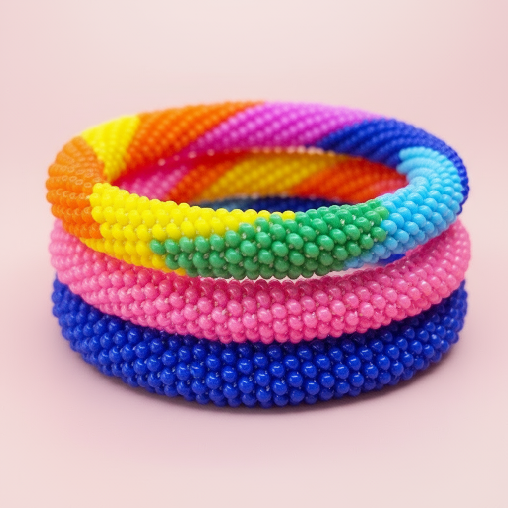 Stack of colorful beaded bracelets on a gray background