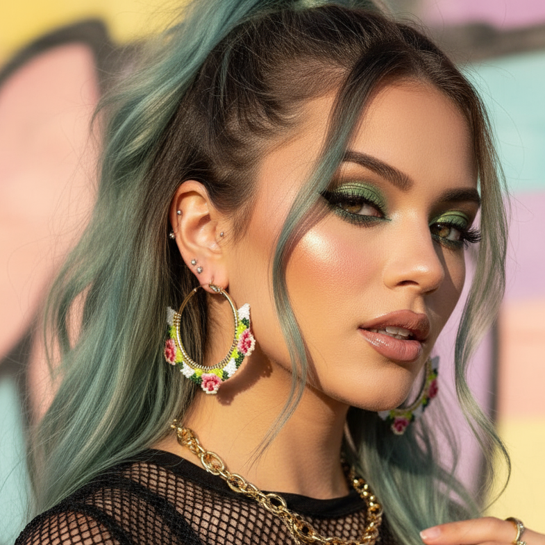 Woman with green hair and colorful earrings against a graffiti wall. - Beadzy