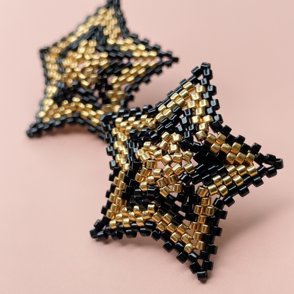 Star-shaped jewelry pieces made of black and gold beads on a pink background - Beadzy