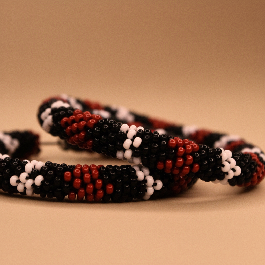 Beaded hoop earrings with black, red, and white pattern on a beige background - Beadzy