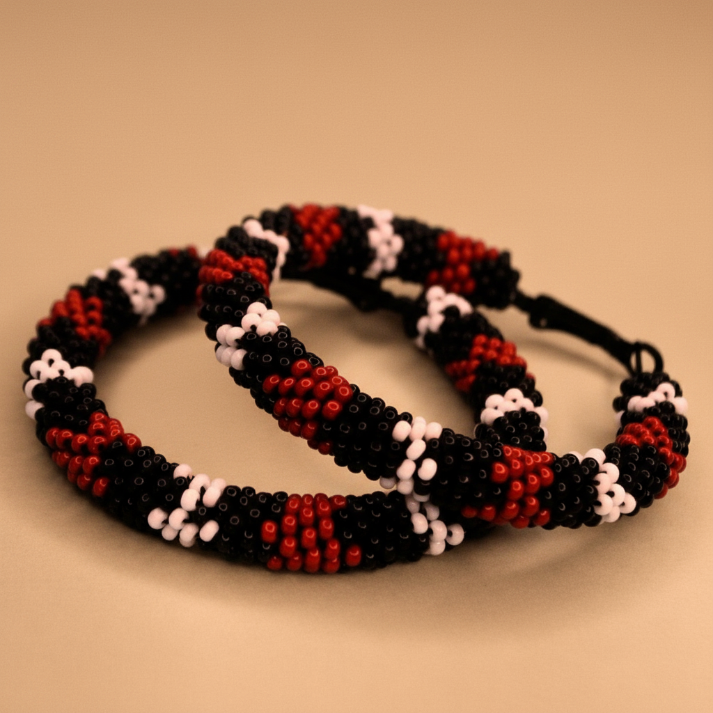 Beaded hoop earrings with black, red, and white pattern on a beige background - Beadzy