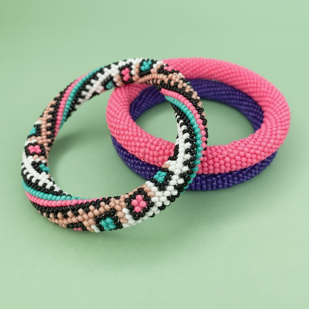 Three colorful beaded rope bracelets on a light green background - Beadzy 