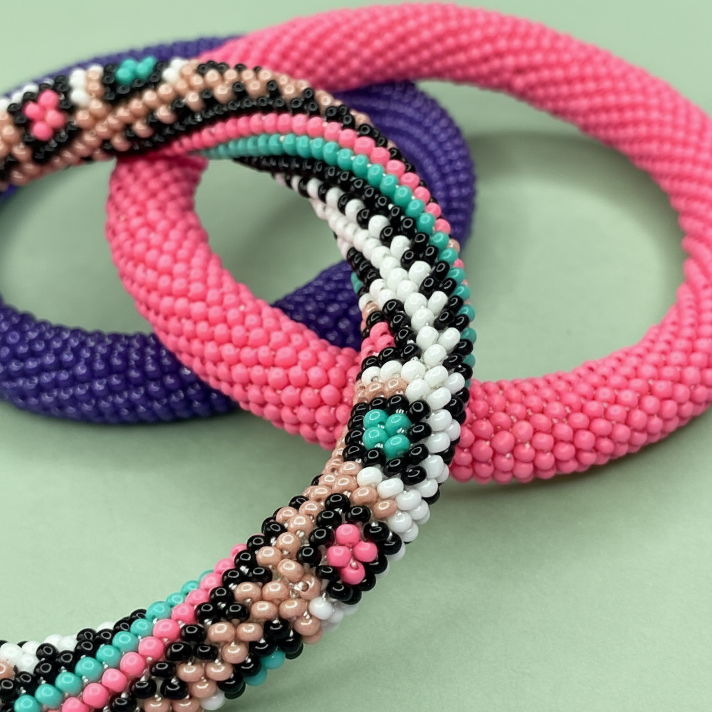 Colorful beaded rope bracelets on a light green background - Beadzy 