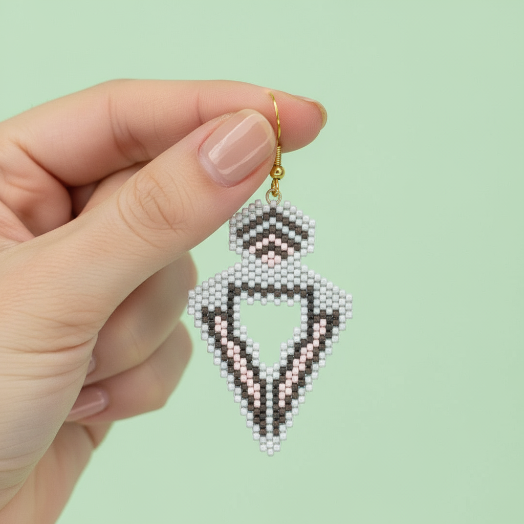 Hand holding a beaded earring against a light green background - Beadzy