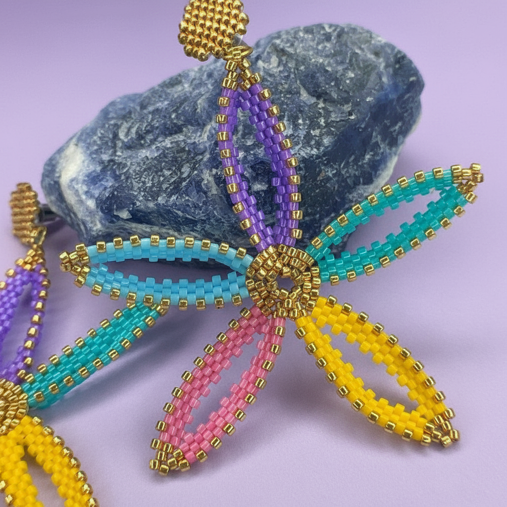 Colorful beaded flower with gold center on a purple background - Beadzy