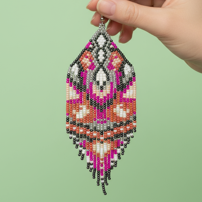 Hand holding a beaded tassel earring against a green background - Beadzy