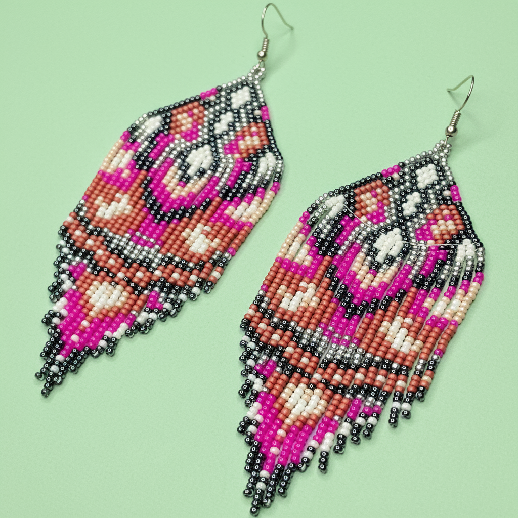 Beaded tassel earrings with pink, black, and white pattern on a light green background - Beadzy