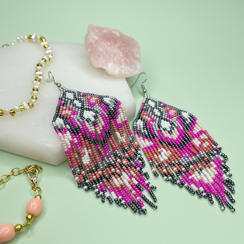 Beaded tassel earrings with pink, black, and white beads on a light green background - Beadzy