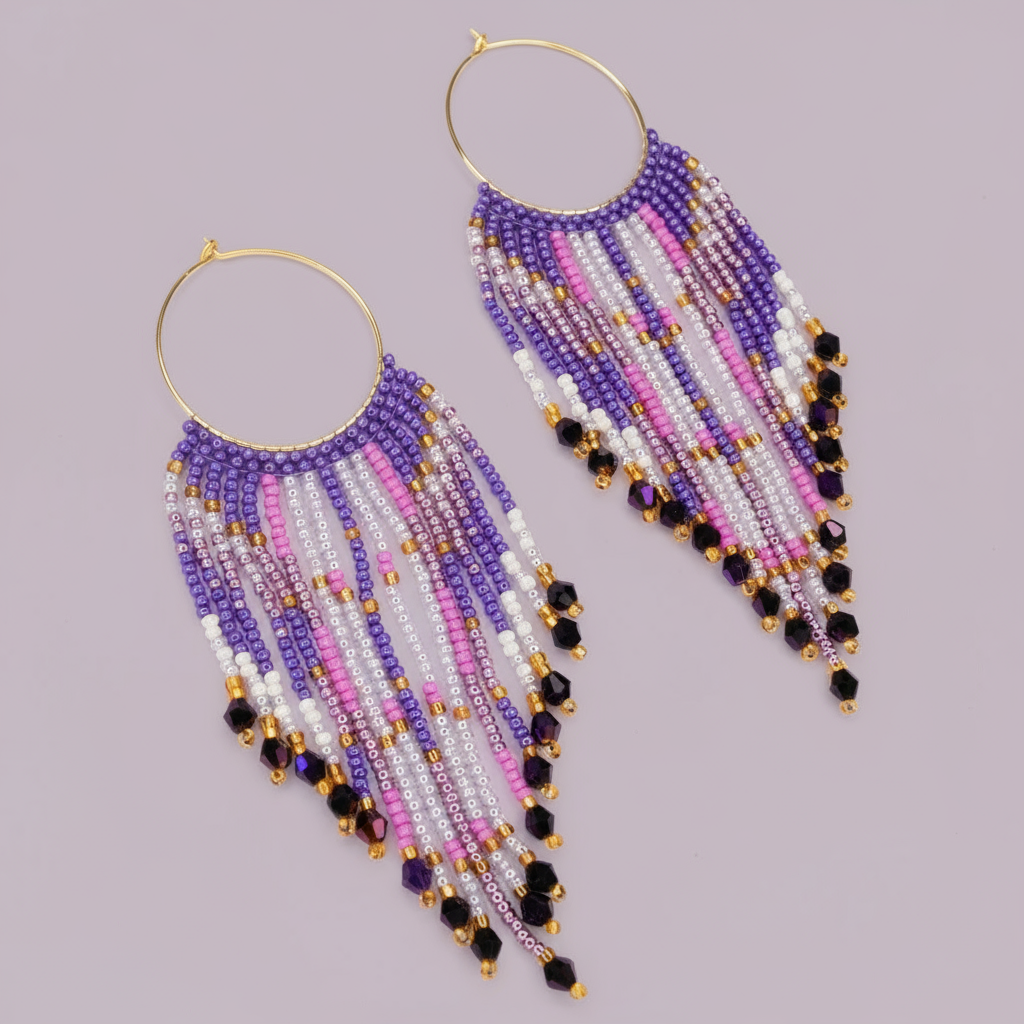 Beaded earrings with purple, pink, and gold colors on a gray background - Beadzy