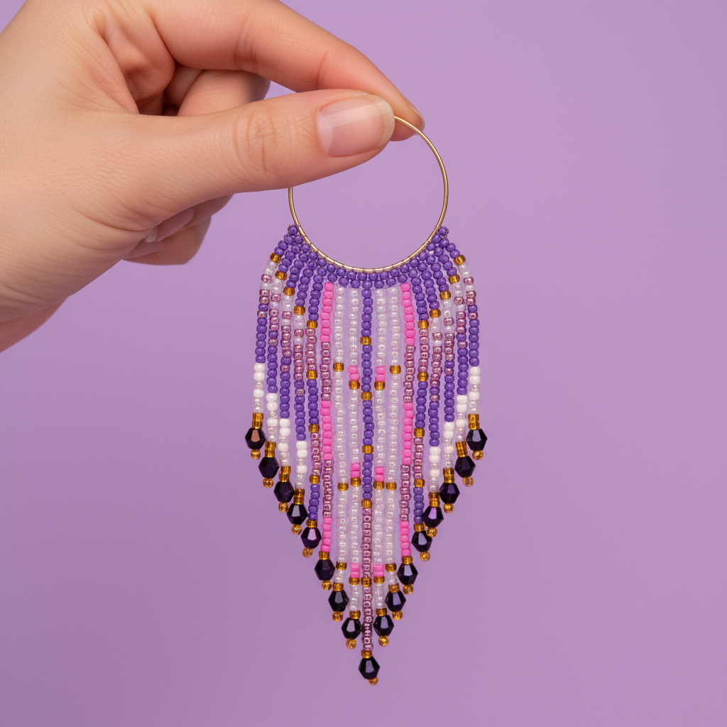 Hand holding a beaded earring with purple and pink beads against a purple background - Beadzy