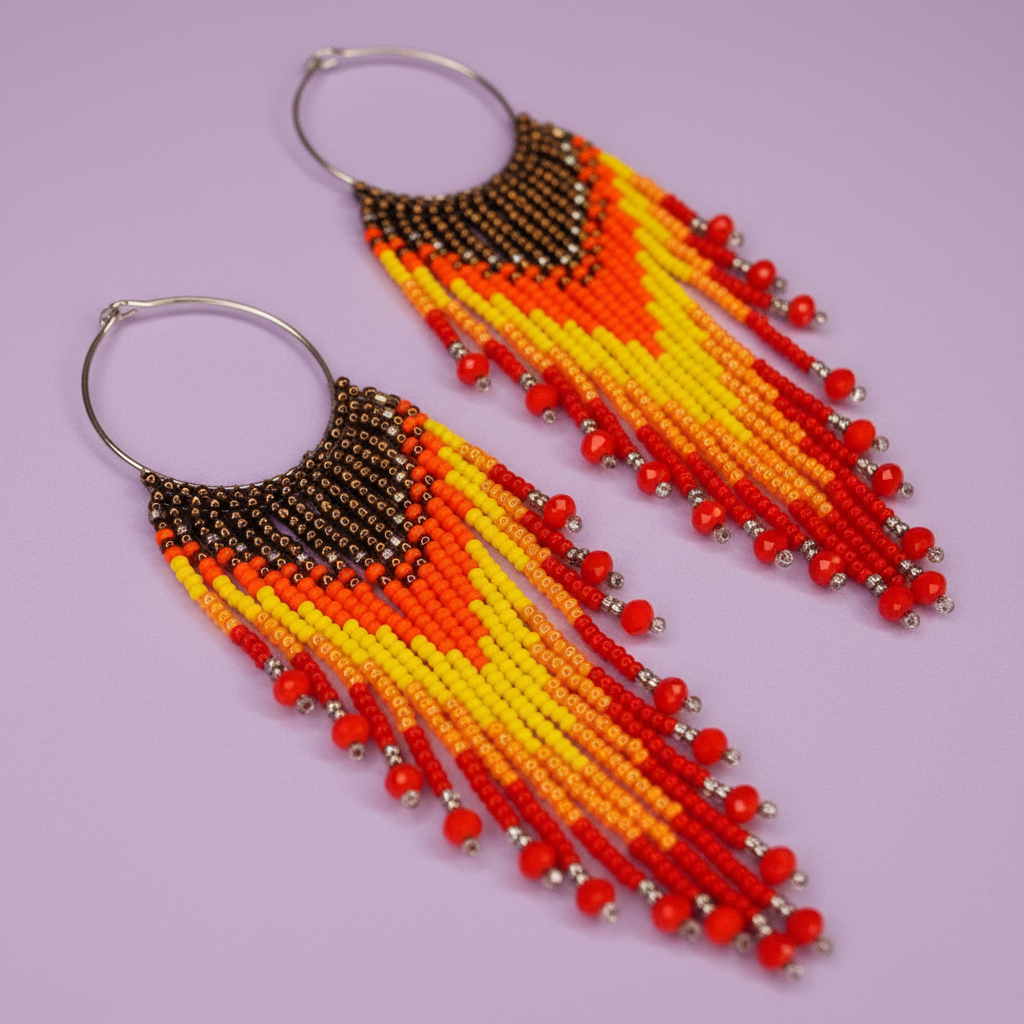 Beaded earrings with orange, yellow, and red fringes on a purple background - Beadzy