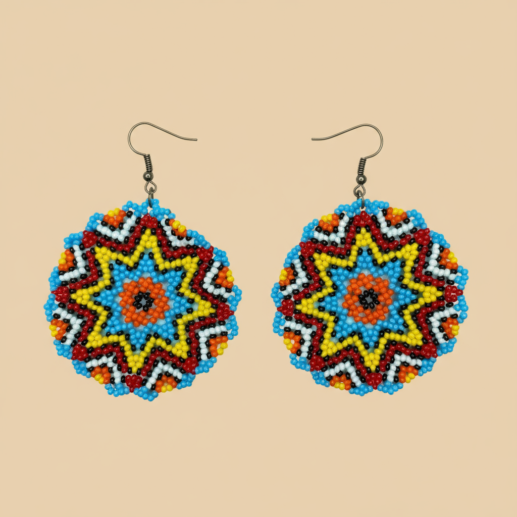 Colorful beaded earrings on a beige background