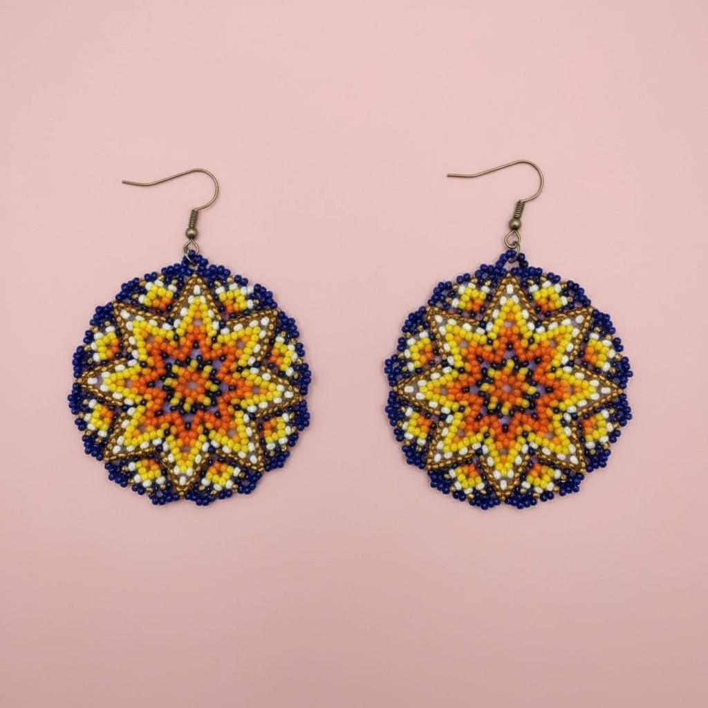 Pair of beaded earrings with a colorful mandala design on a pink background - Beadzy