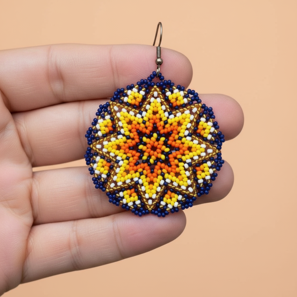 Colorful beaded earrings held in a hand against a beige background - Beadzy