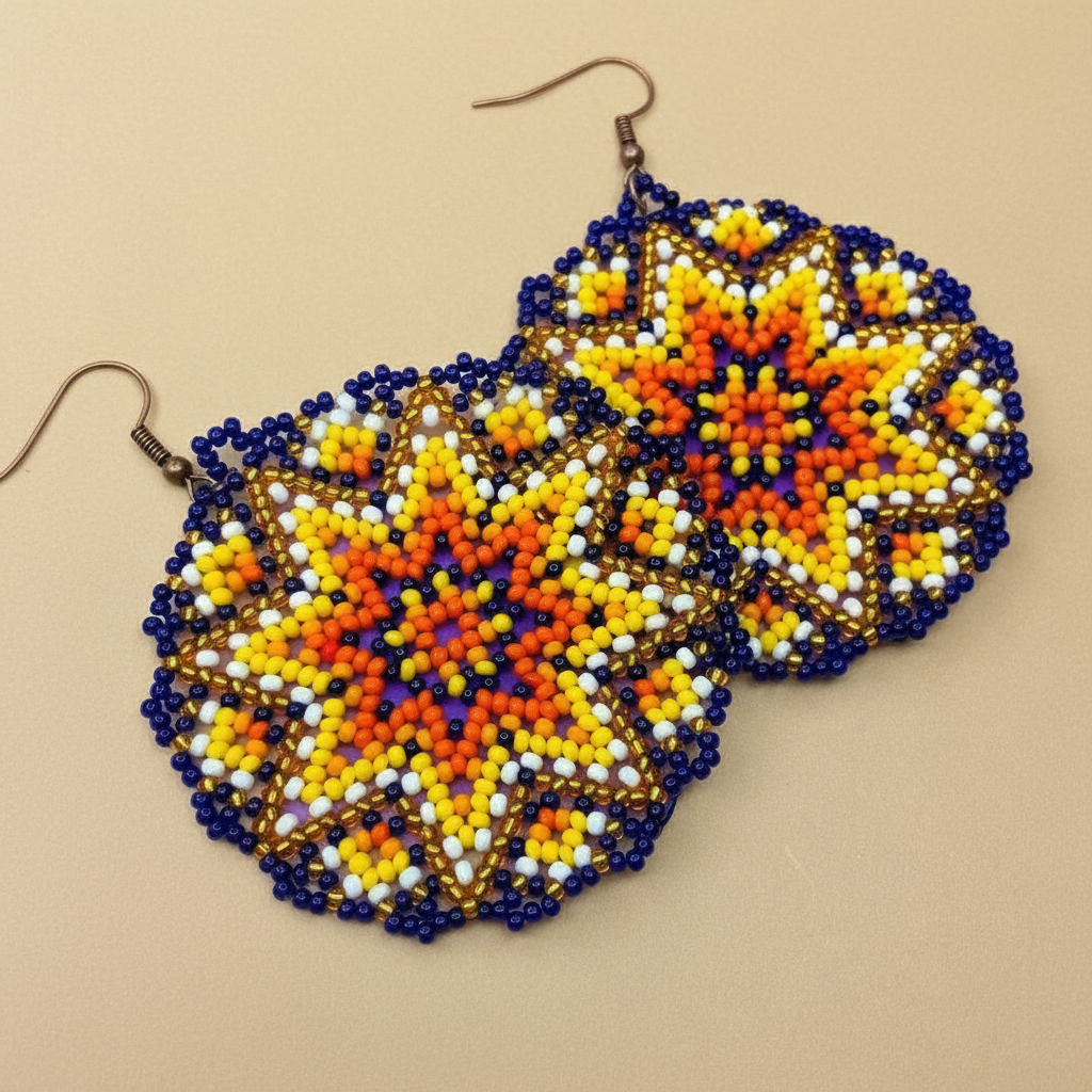 Beaded earrings with a geometric pattern on a beige background - Beadzy
