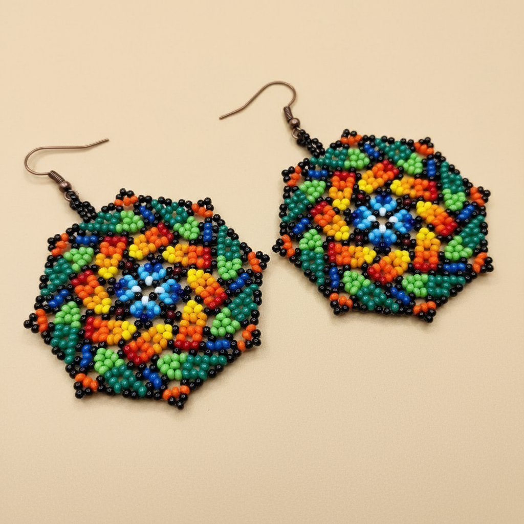 Colorful beaded earrings on a beige background - Beadzy