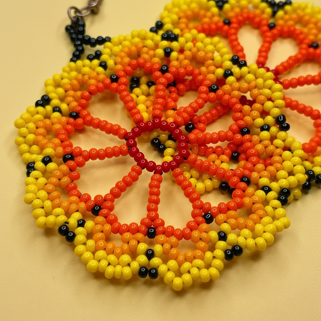 Colorful beaded necklace with orange, yellow, and black beads on a beige background - Beadzy