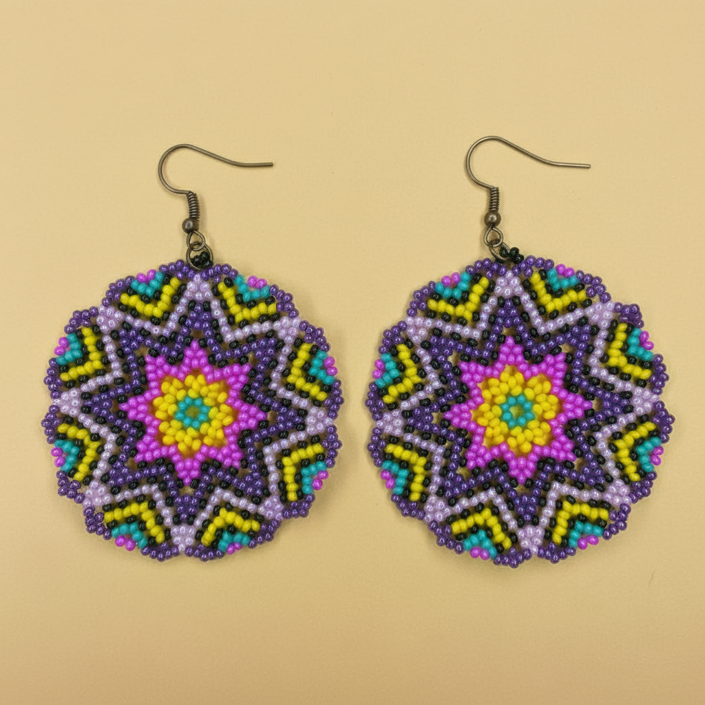 Pair of beaded earrings with a colorful geometric pattern on a beige background - Beadzy