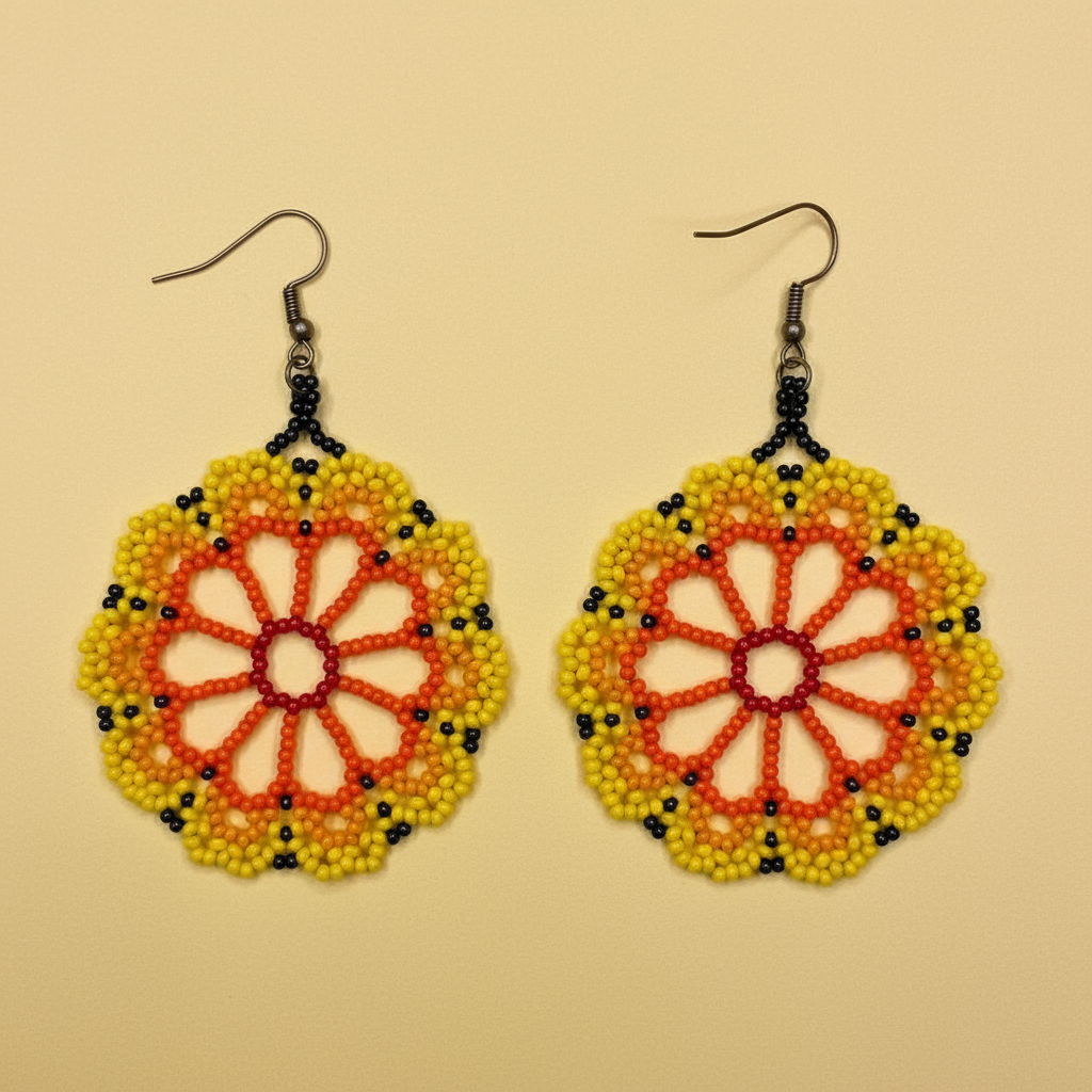 Pair of beaded earrings on a beige background - Beadzy